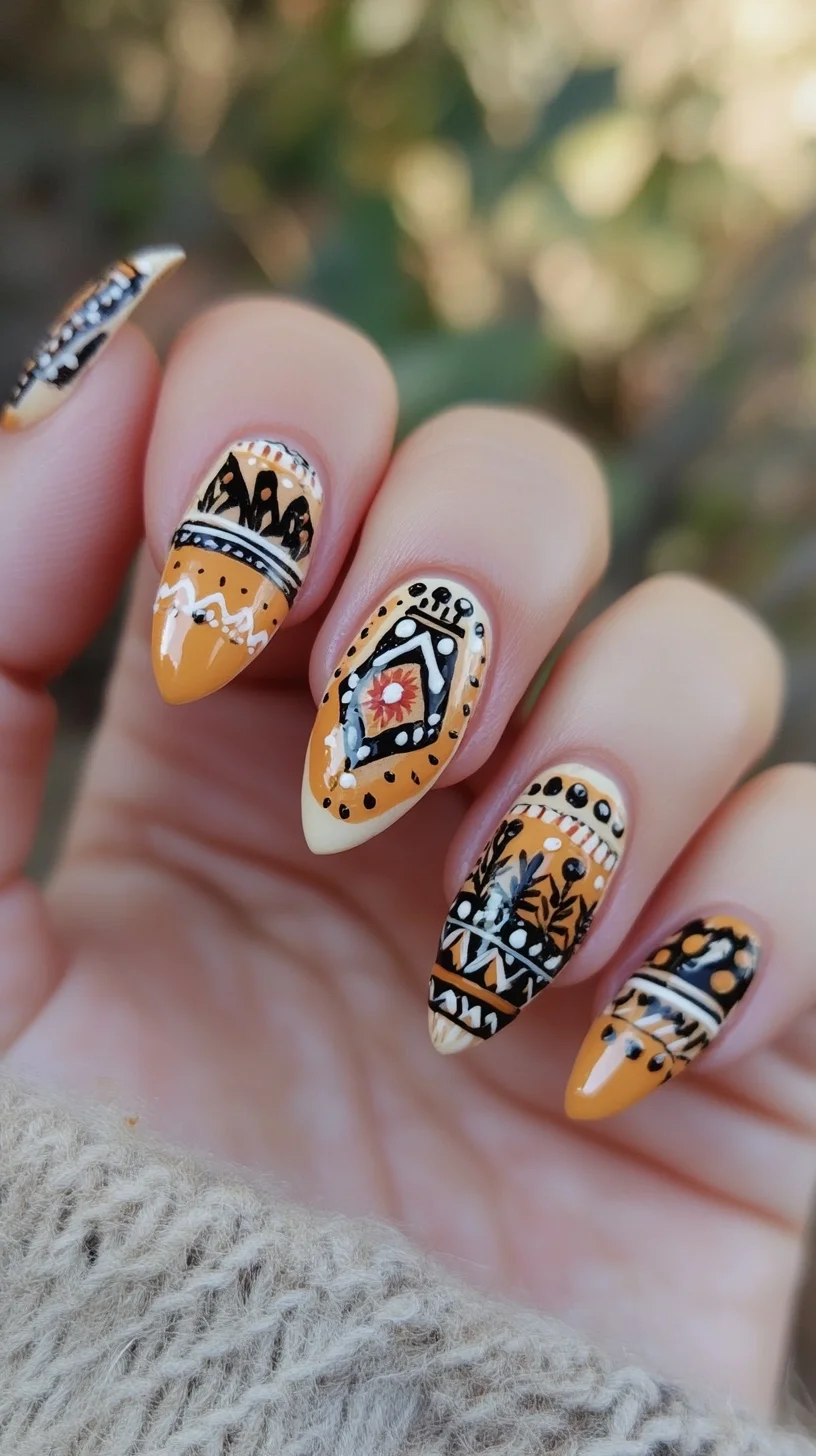 Bold Tribal-Inspired Almond Nails: A Stylish Statement