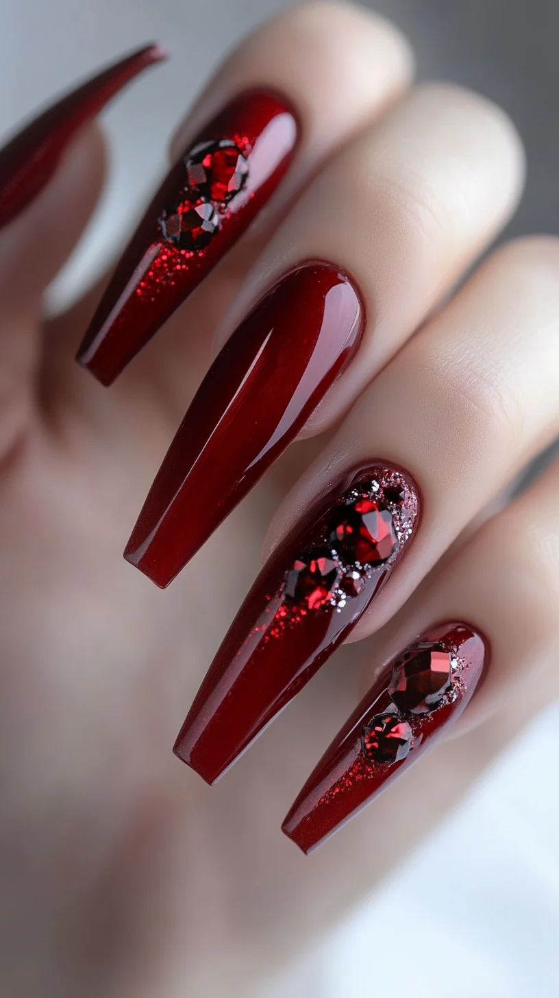 Chic and Edgy: Dazzling Red Stiletto Nails with Glamorous Gem Accents