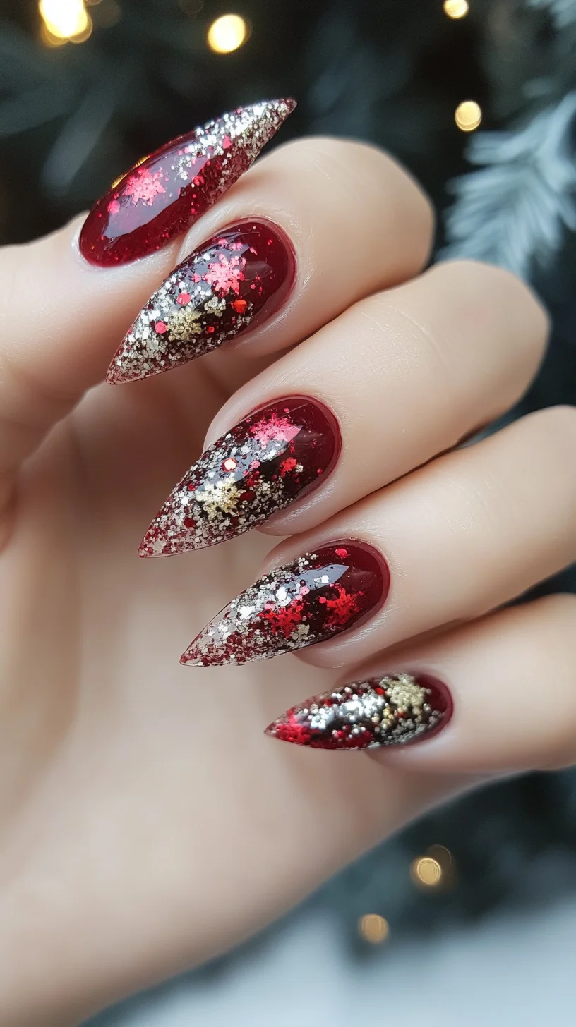 Dazzling Holiday Glam: Sparkling Red Almond Nails for Festive Flair