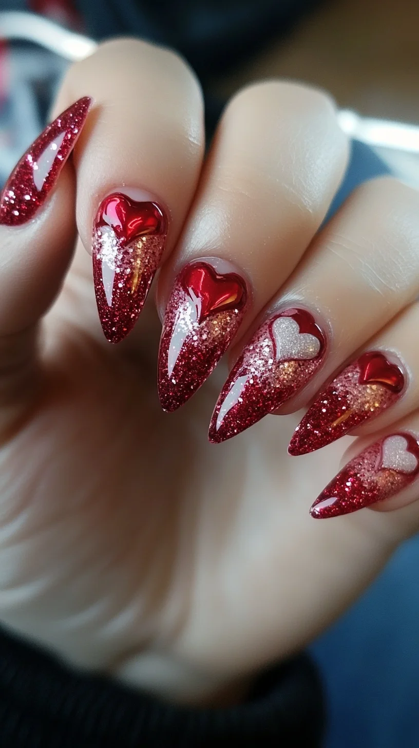 Dazzling Red Glitter Heart Nails: Perfect for a Romantic Touch