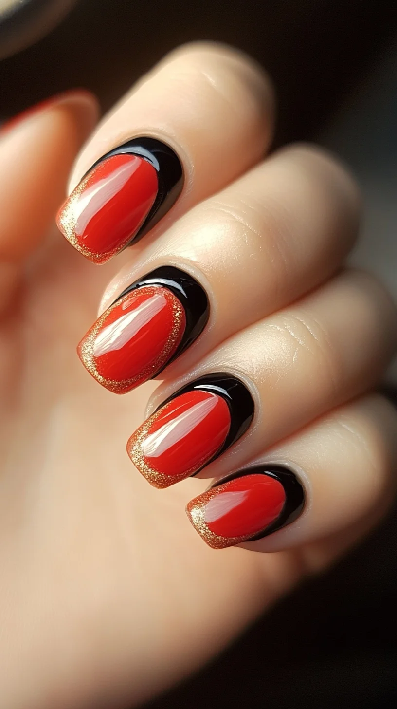 Edgy Elegance: Bold Red and Black Nail Art with Glamorous Gold Accents