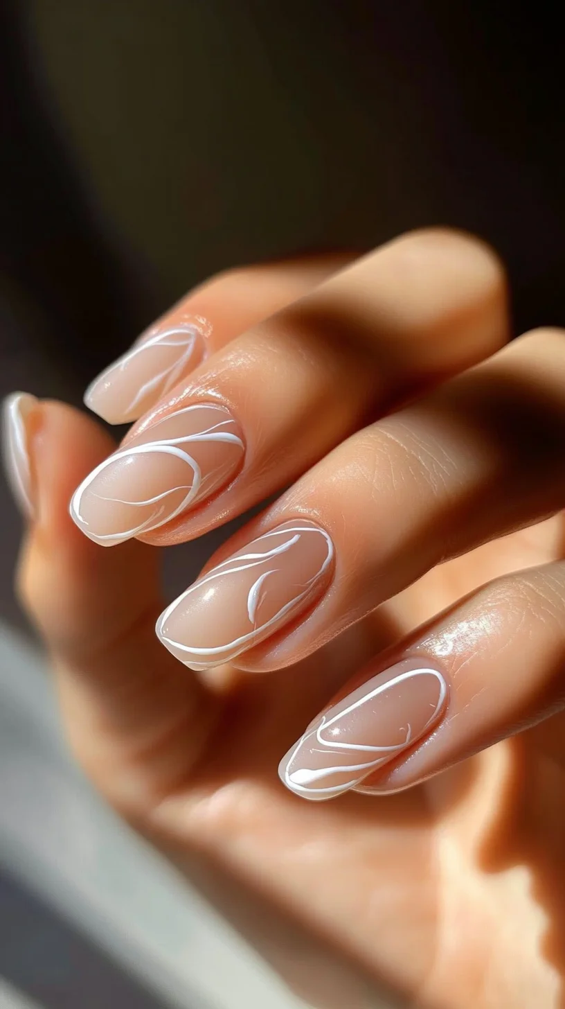 Effortlessly Chic Neutral Nails with Elegant Swirl Details