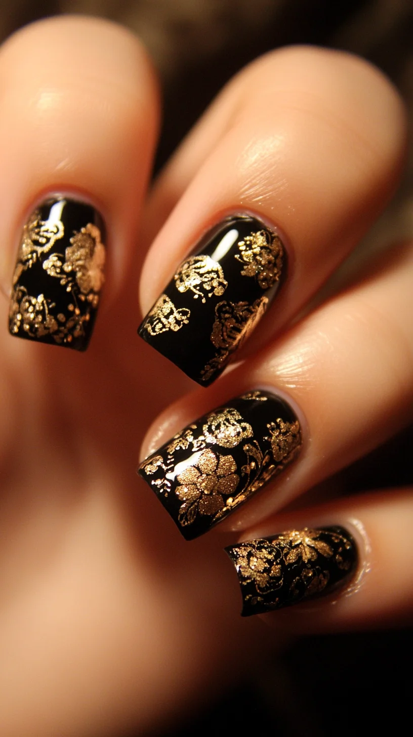 Elegant Black and Gold Floral Nail Art for a Glamorous Look