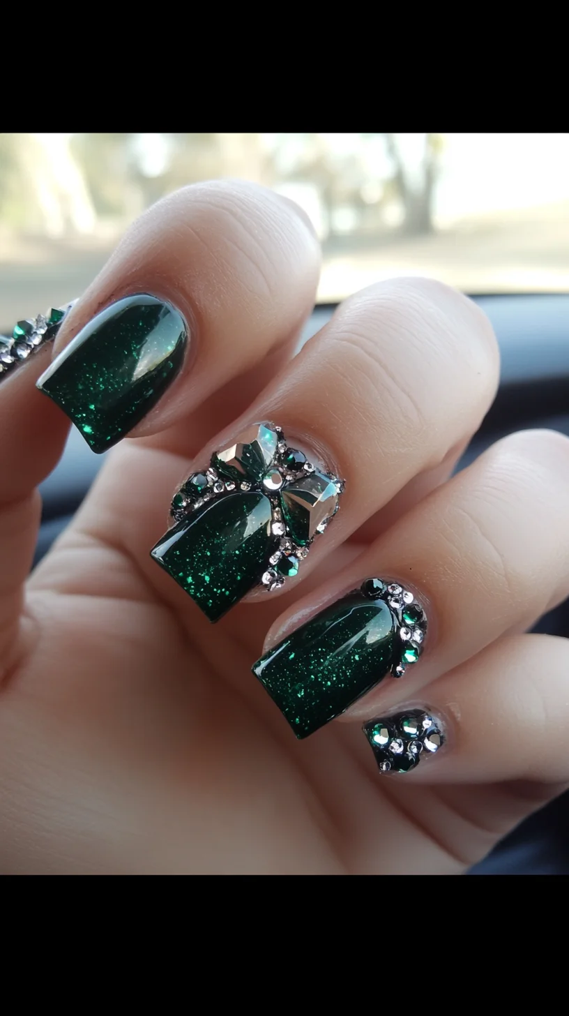 Elegant Green Glam: Sparkling Nail Art for a Dazzling Look