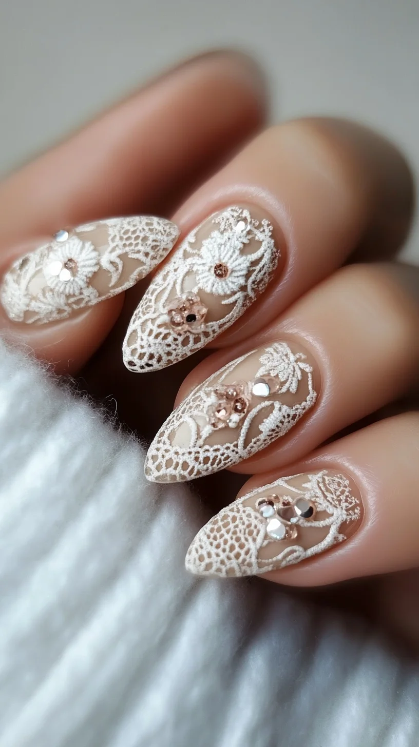 Elegant Lace Almond Nails: A Chic Fusion of Floral and Glamour