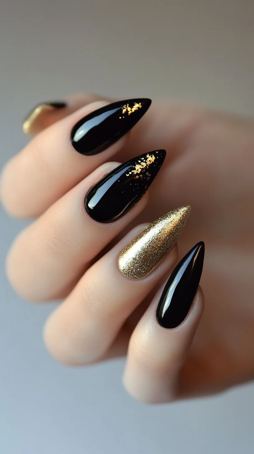 Elegant Stiletto Nails: A Glamorous Blend of Black and Gold