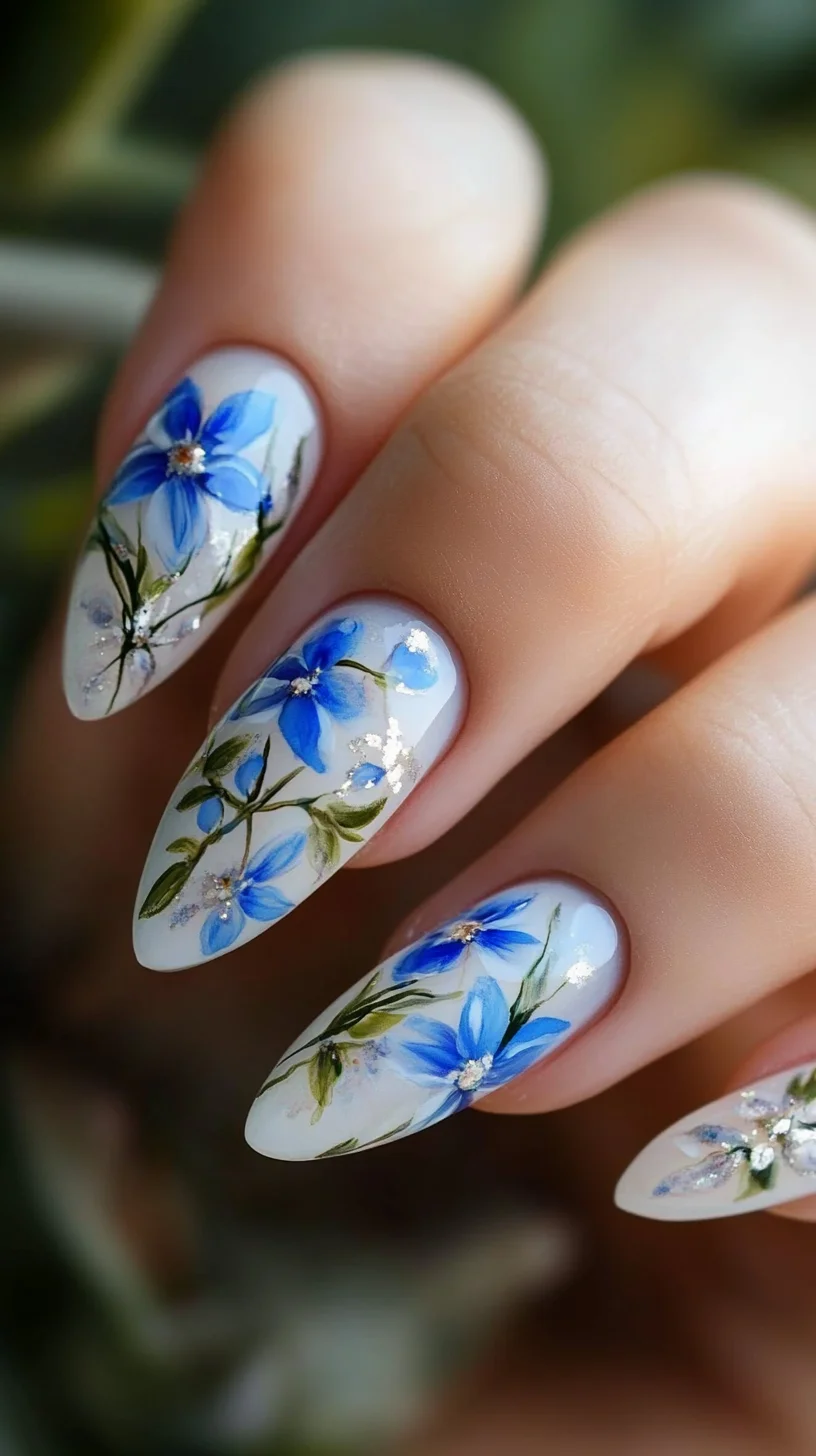 Elevate Your Look with Elegant Floral Nail Art in Stunning Blue Hues