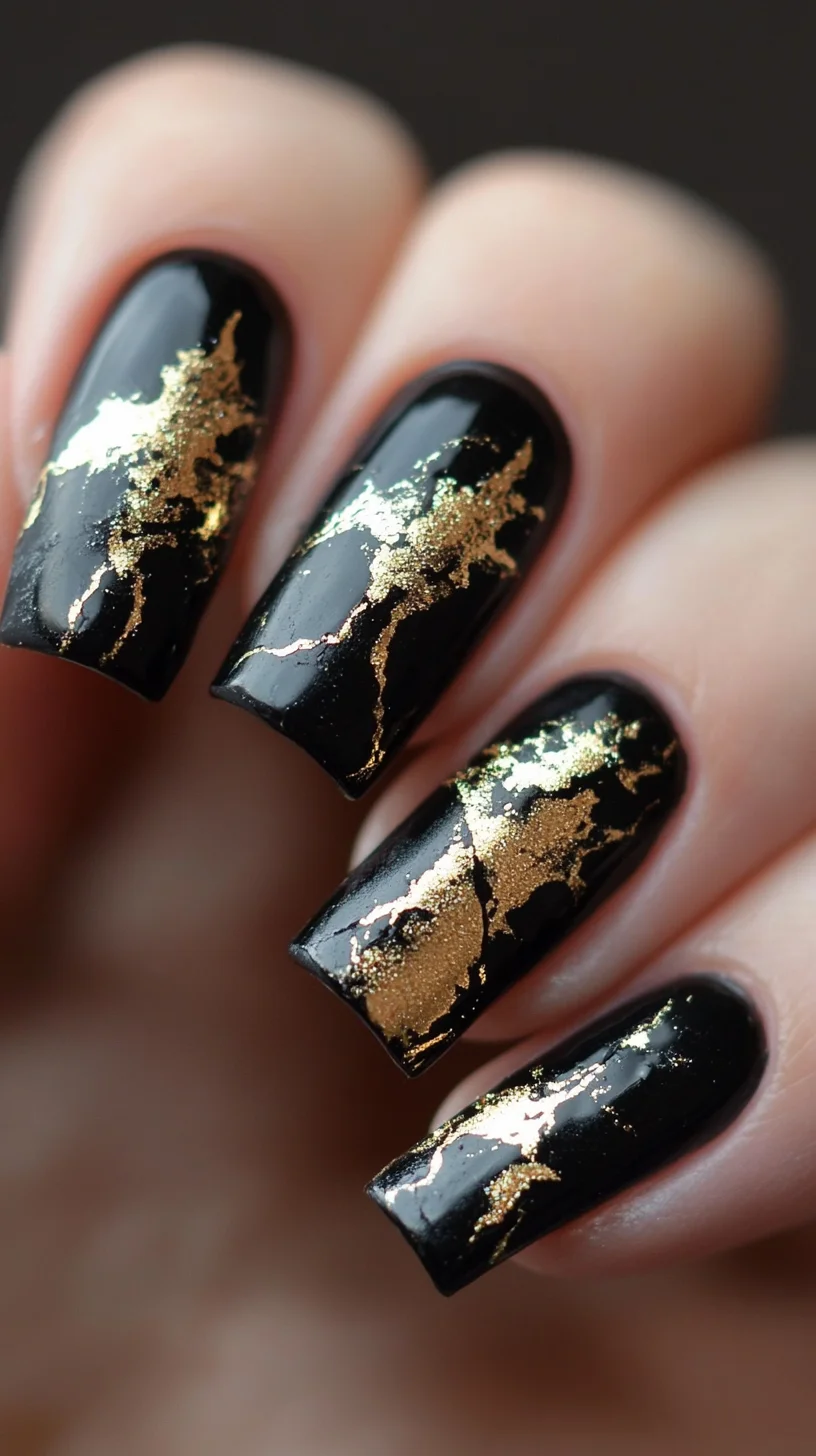 Elevate Your Look with Striking Black and Gold Marble Nail Art