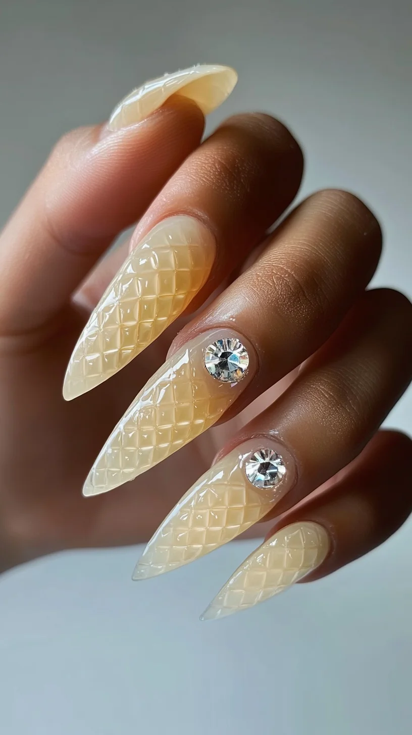 Elevate Your Look with Stunning Almond-Shaped Diamond-Textured Nails!