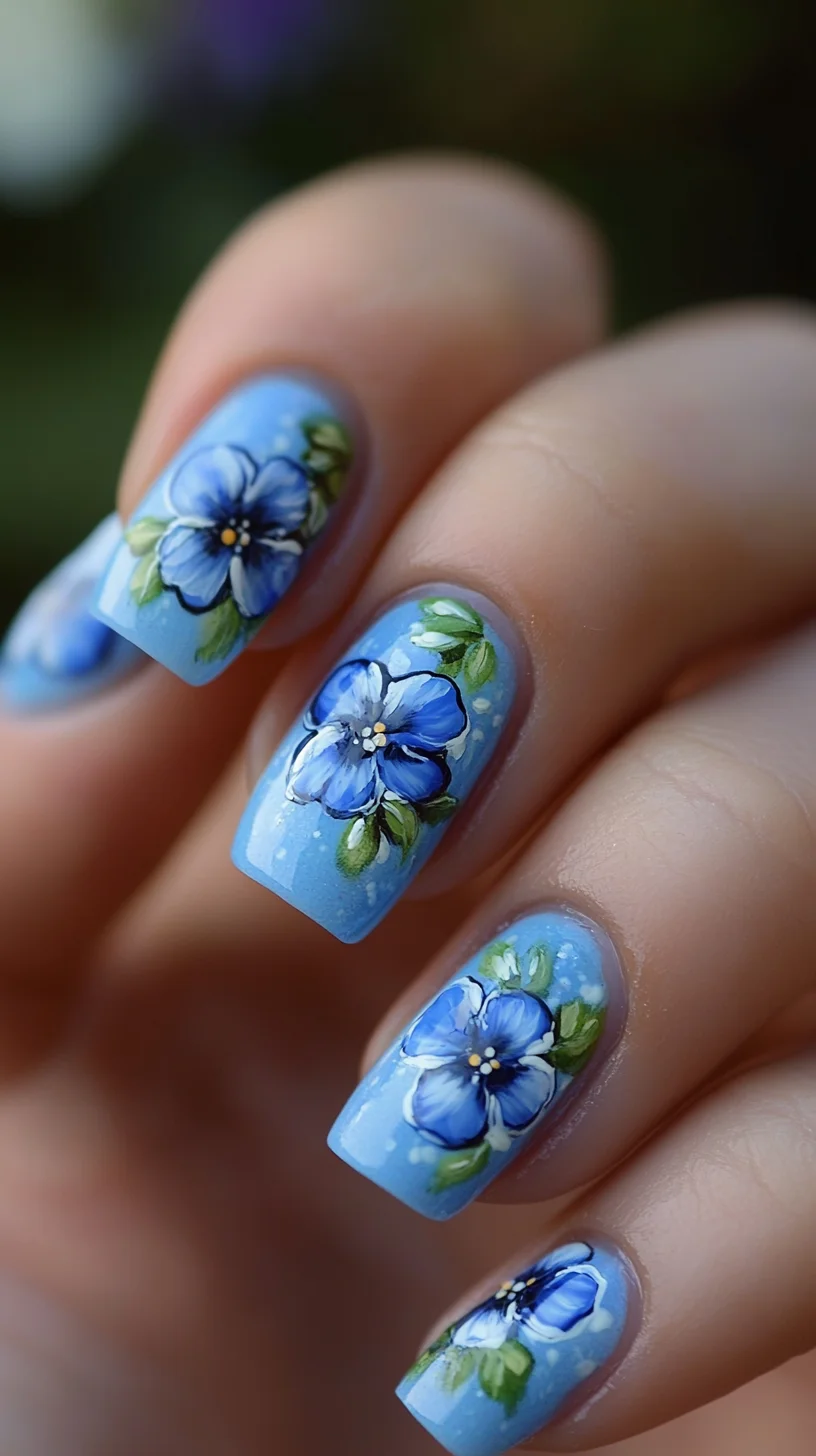 Embrace Floral Elegance: Stunning Hand-Painted Blue Flower Nails