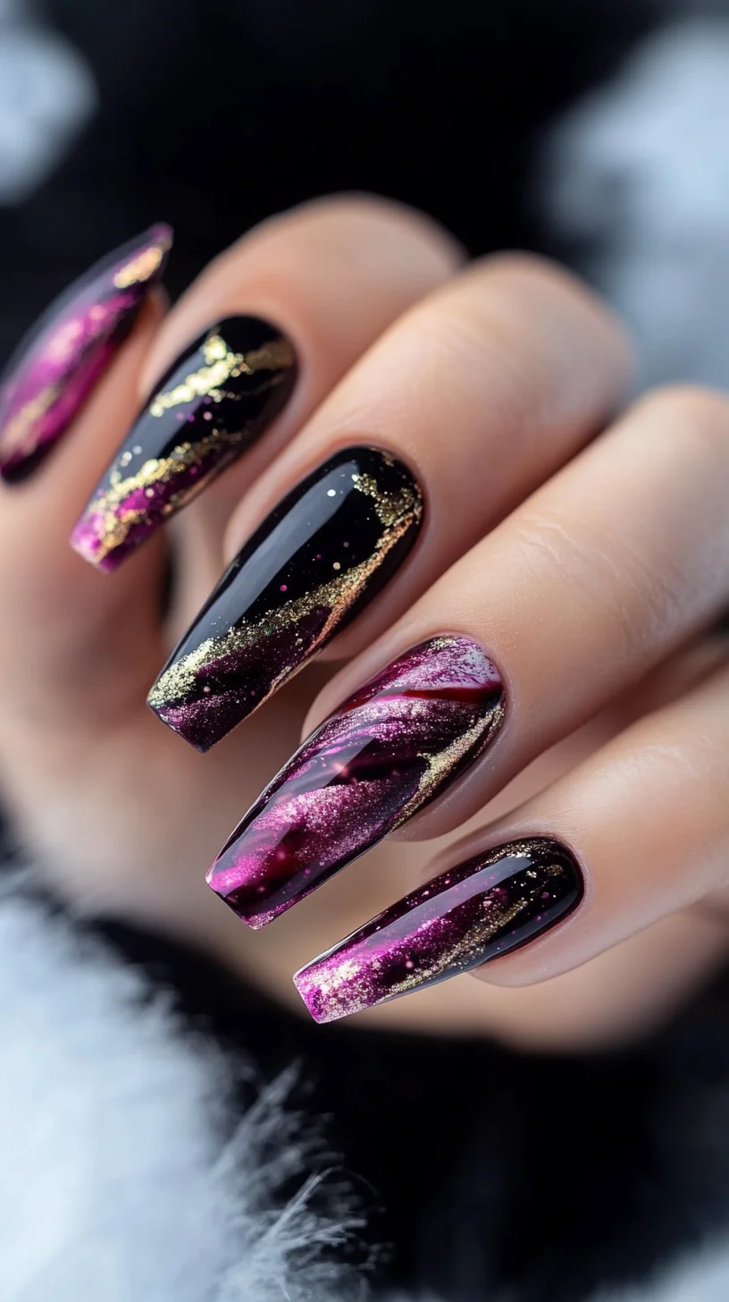 Glamorous Black and Purple Stiletto Nails with Gold Accents