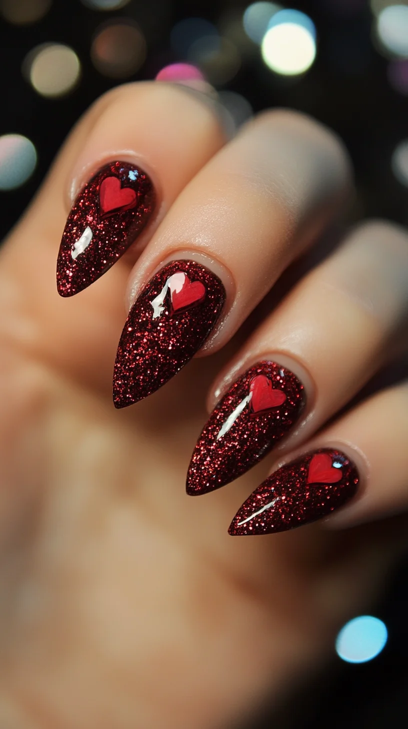 Glamorous Red Glittery Stiletto Nails with Heart Accents