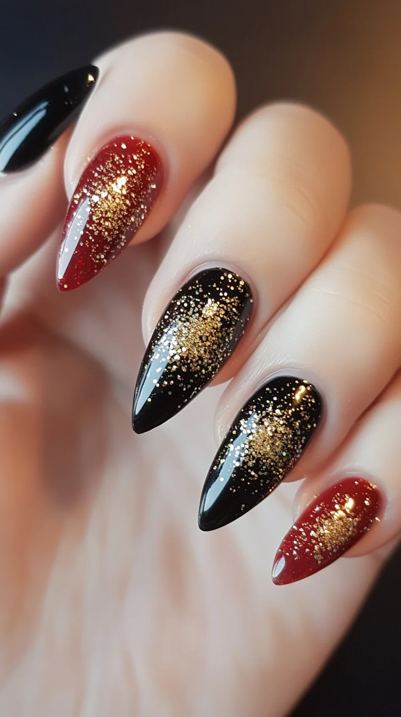 Glamorous Stiletto Nails: A Dazzling Blend of Black, Red, and Gold Glitter