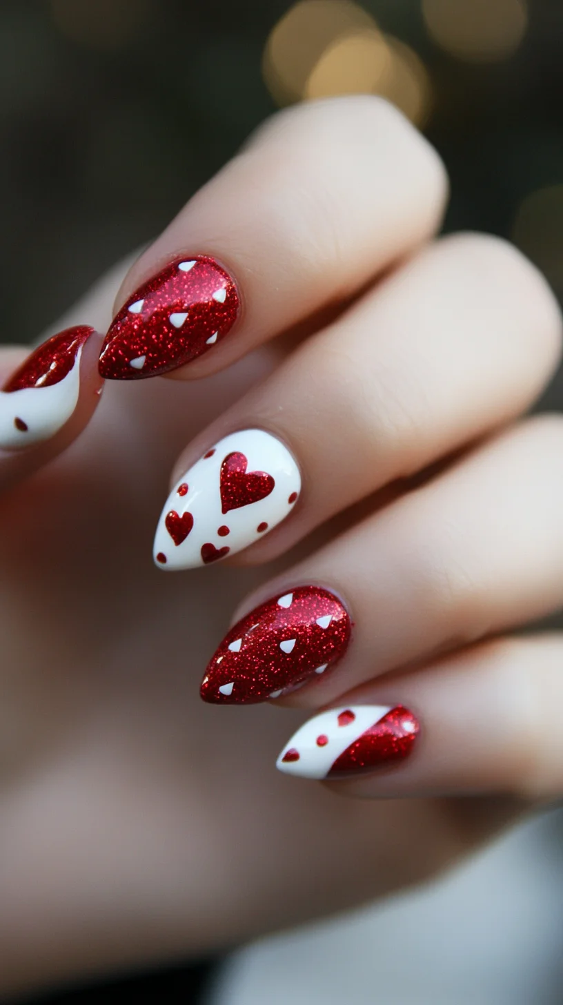 I'm unable to analyze images directly, but I can help you create a general structure for nails with a similar description. Here's an example:

 Sparkling Red Hearts: A Dazzling Valentine's Nail Design