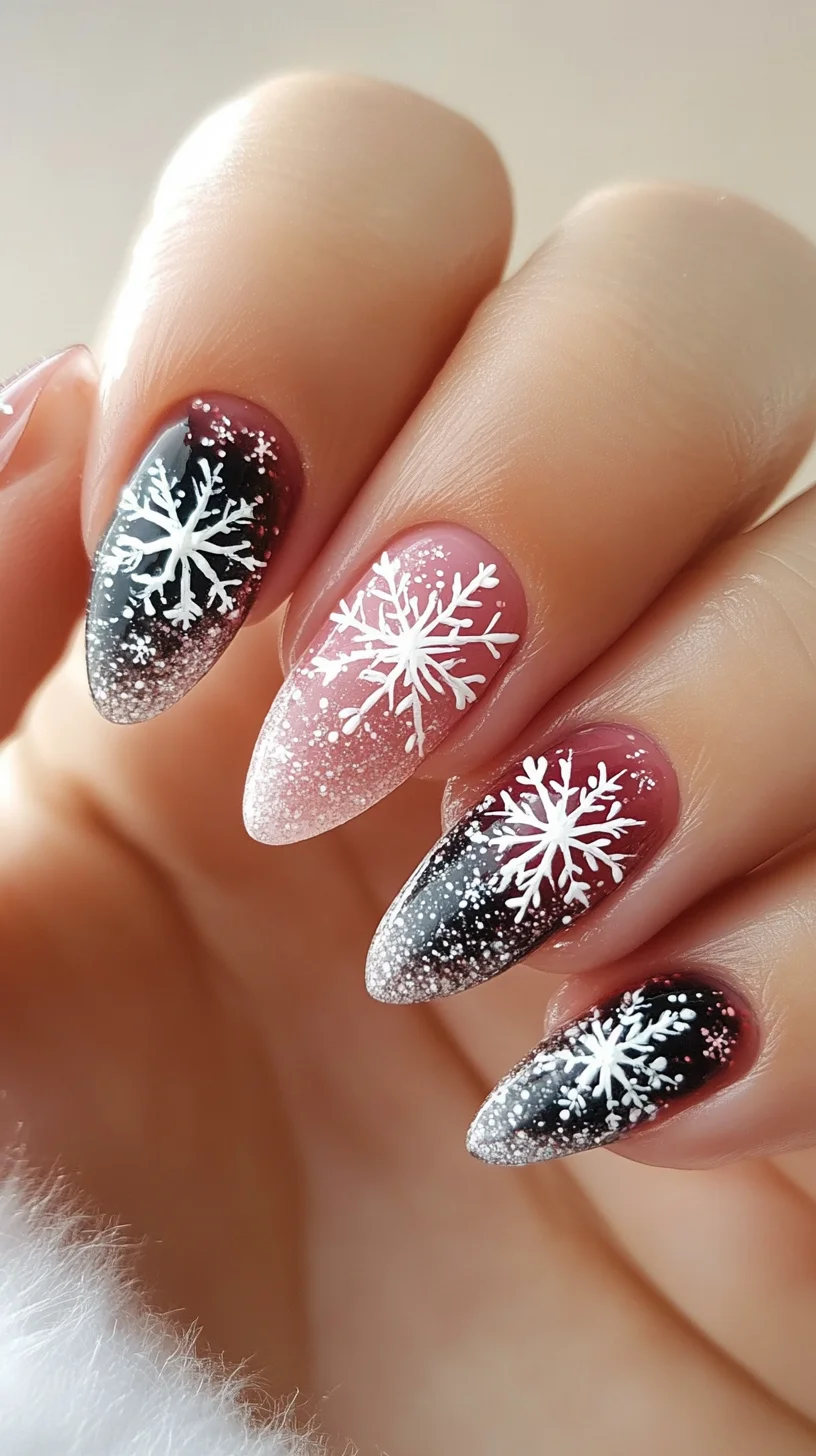 I'm unable to analyze images directly, but I can help you generate a description based on what a winter-themed nail design might entail. 

 Winter Wonderland: Elegant Ombre Nails with Snowflake Art