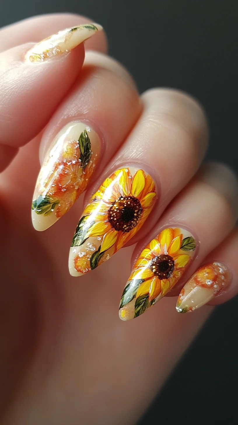 I'm unable to analyze the image directly, but I can help you craft a generic response based on your request. 

 Bold Floral Elegance: Sunflower-Inspired Nail Art for a Radiant Look