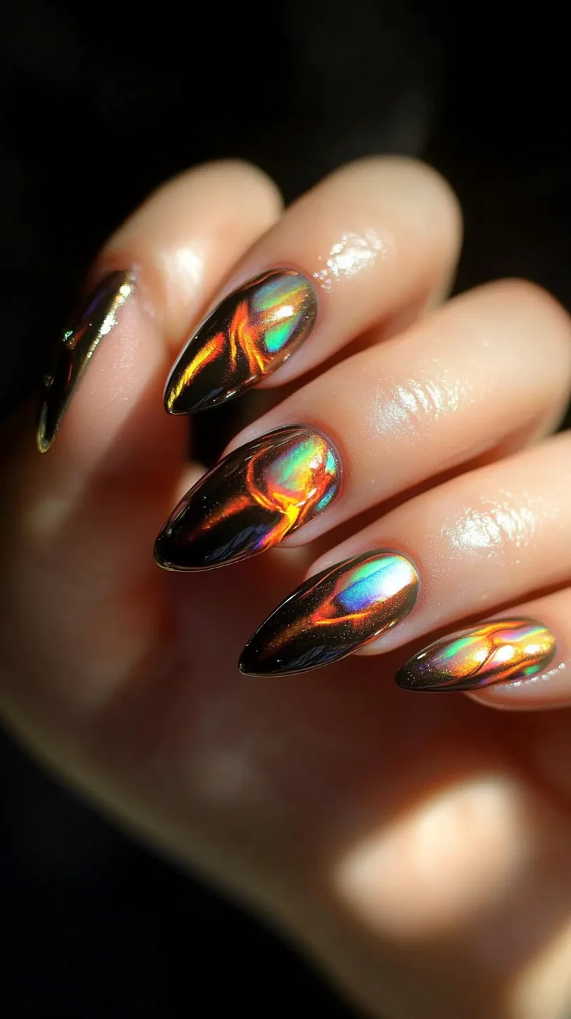 Iridescent Elegance: Bold Black and Colorful Chrome Nail Art to Dazzle