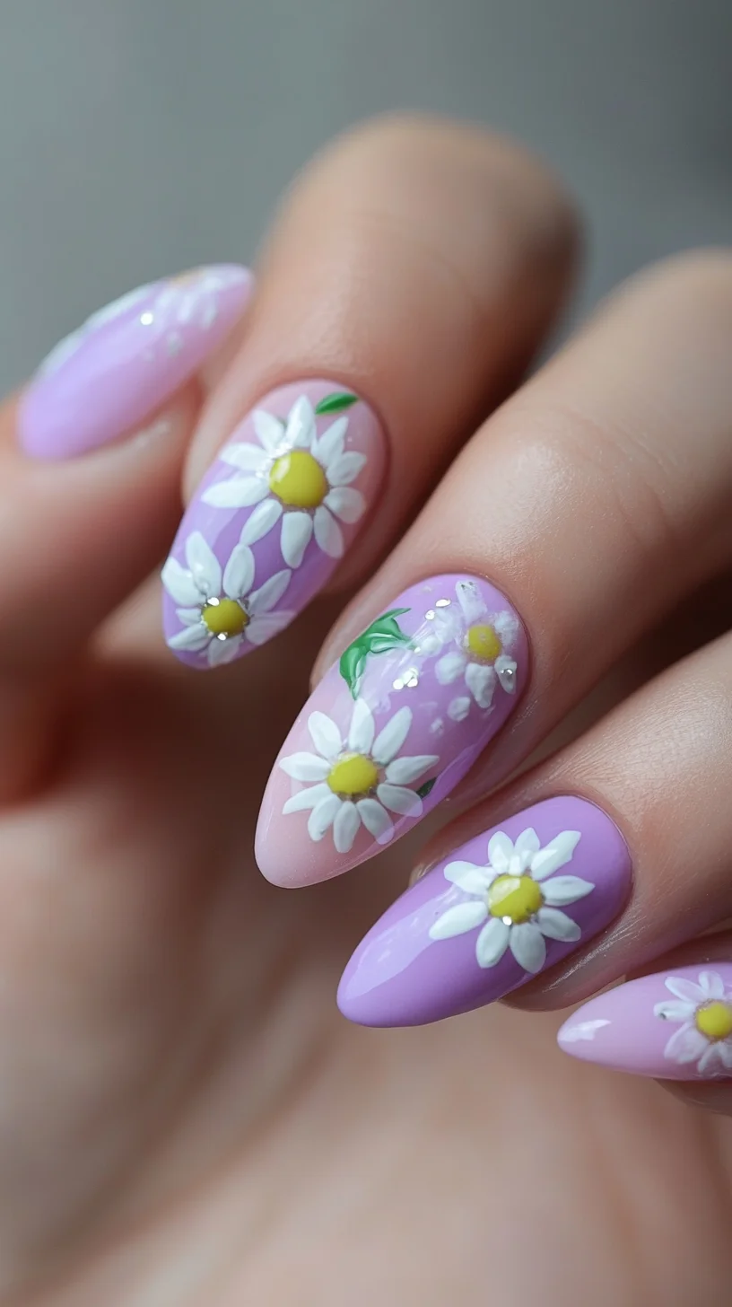 It seems you've shared an image of a nail design rather than a hairstyle. Here’s a suggestion based on the nail art:

 Floral Elegance: Charming Daisy Nail Art for a Whimsical Touch