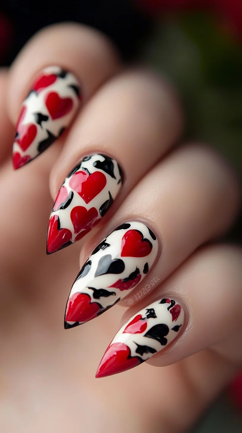 It seems you've shared an image of nails, not a hairstyle. I can help you analyze the nail design instead. Here’s a fitting response:

 Love in Every Stroke: Bold Heart-Inspired Nail Art