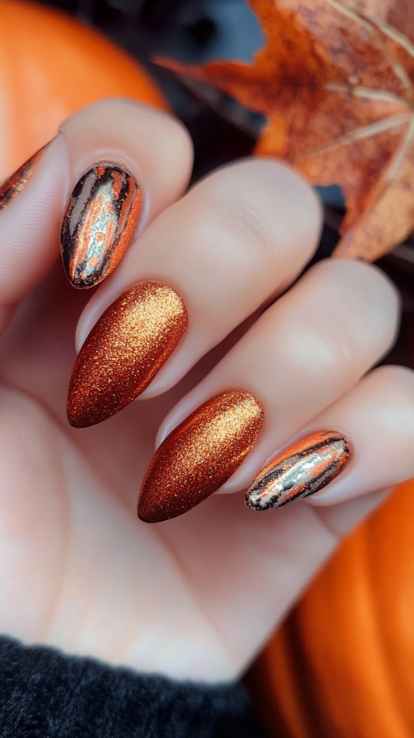 Luminous Autumn Vibes: Eye-Catching Metallic Orange Almond Nails