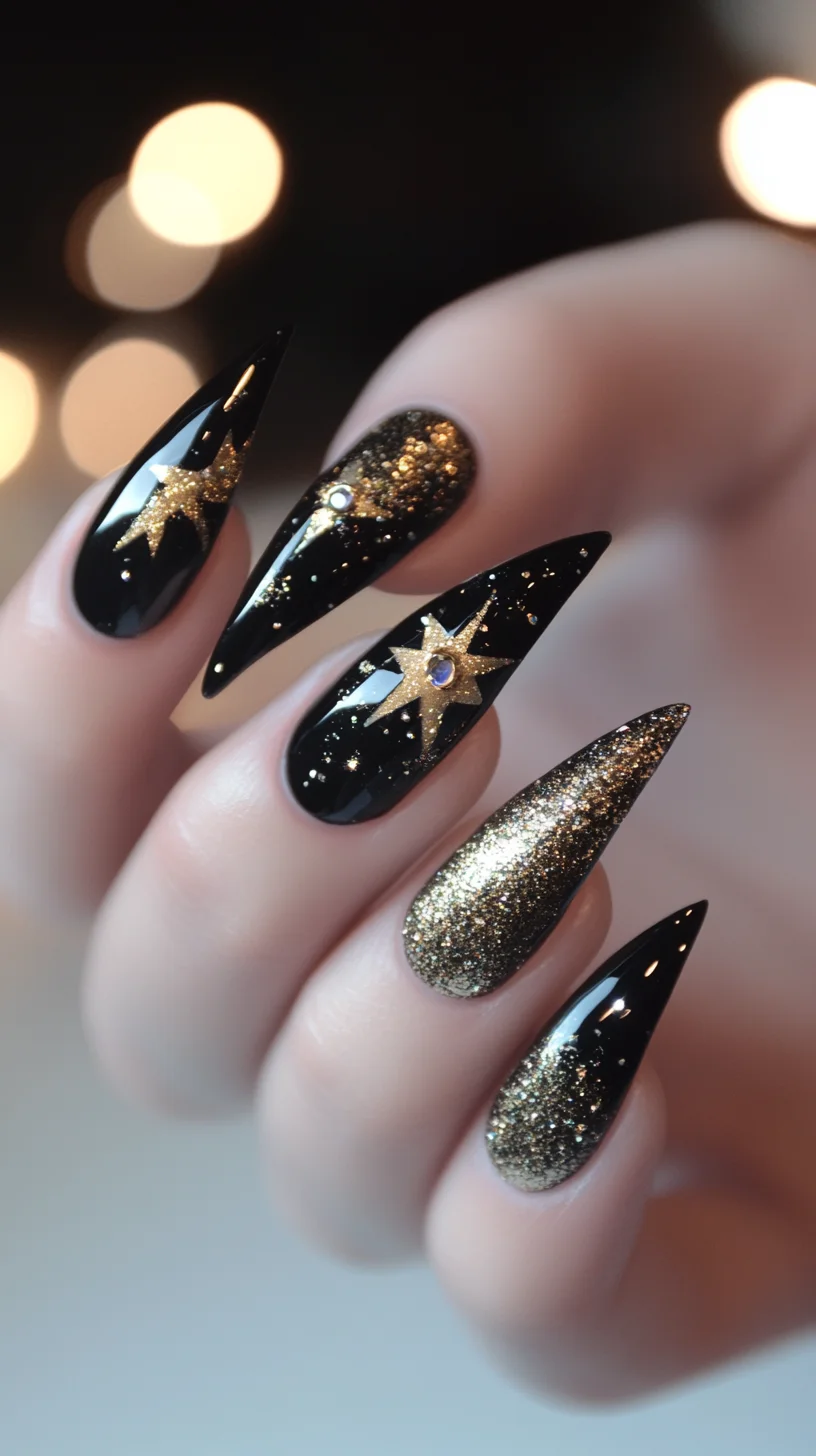 Shine Bright with Glamorous Starry Black and Gold Stiletto Nails