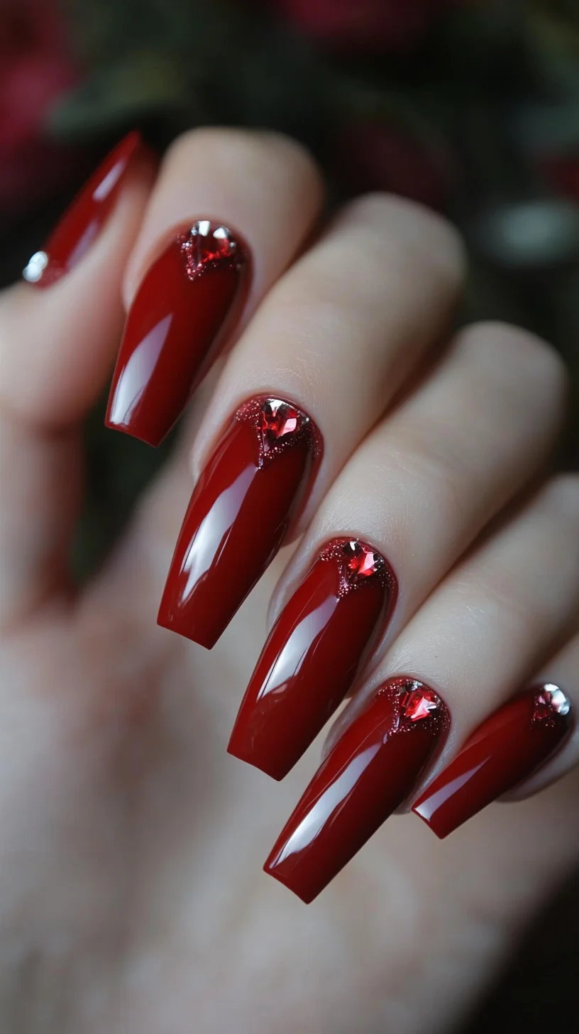 Sleek Crimson Elegance: The Bold Red Nail Look with Glamorous Accents