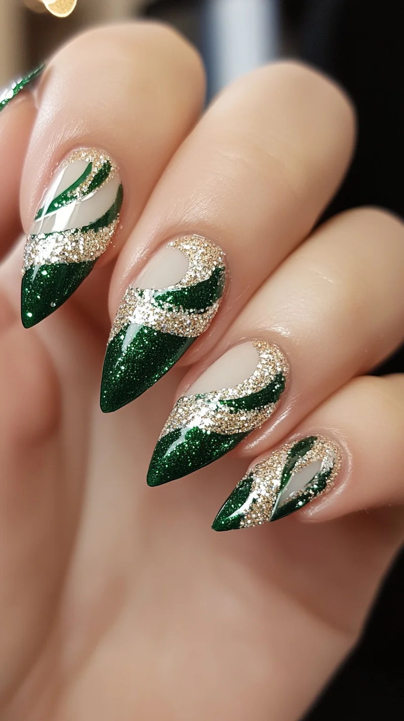 Striking Green Glittered Stiletto Nails: A Dazzling Seasonal Statement