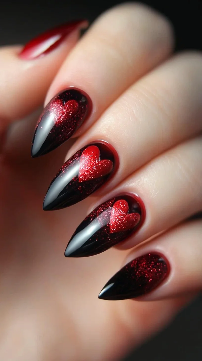 Striking Red and Black Heart-Design Nails for a Daring Statement