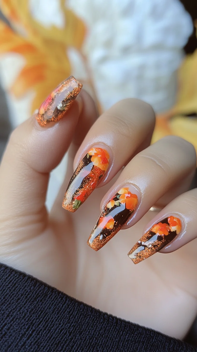 Stunning Fall-Inspired Nail Design with Glitter and Floral Accents