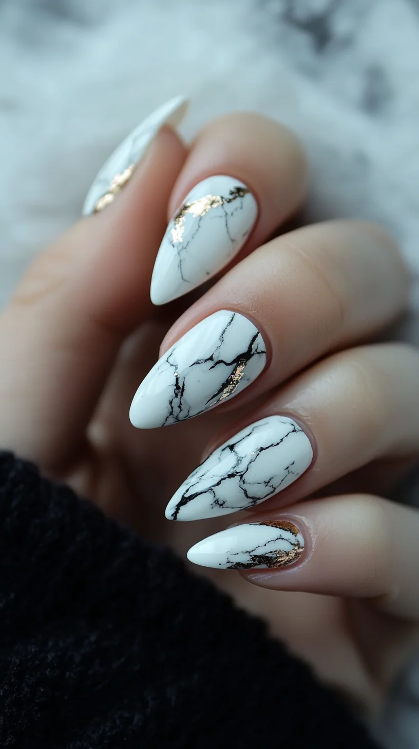 Stunning Marble-Inspired Nail Art with Gold Accents