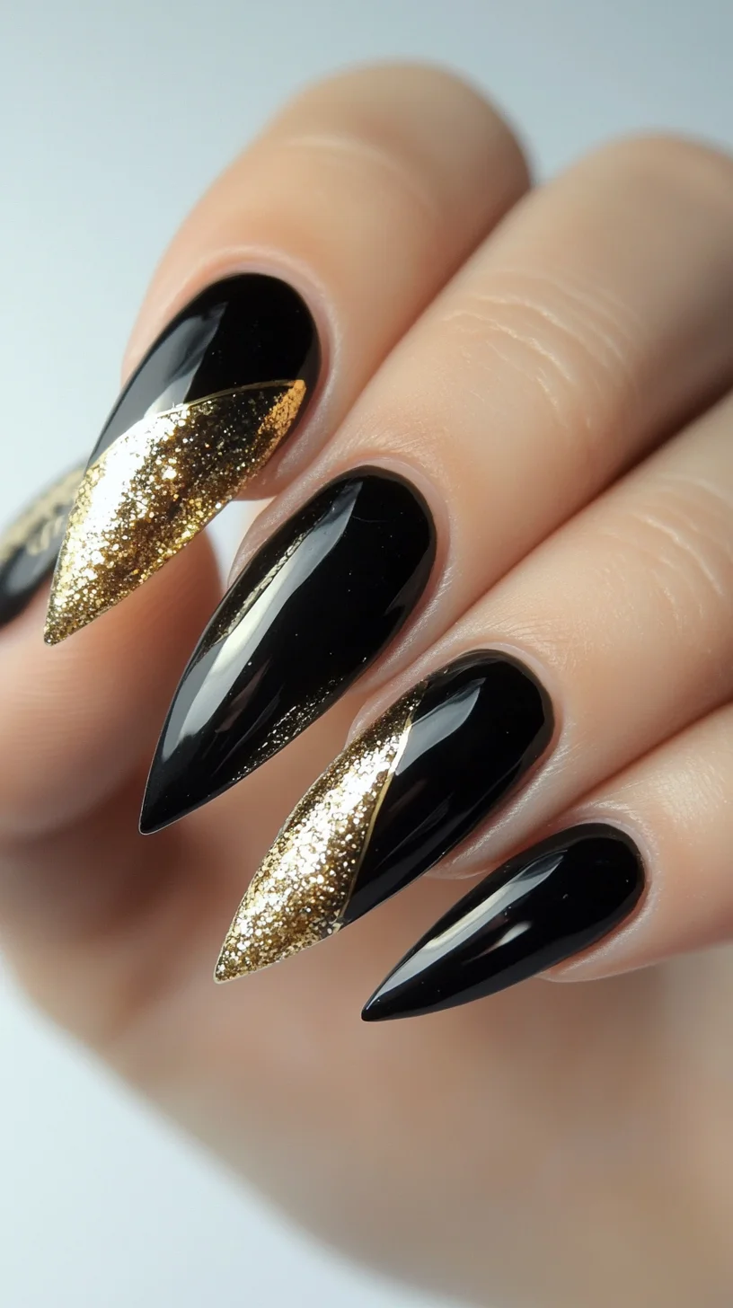 Sure! Here’s the requested analysis for the hairstyle image you mentioned:

 Sleek Black and Gold Stiletto Nails: Where Elegance Meets Edge