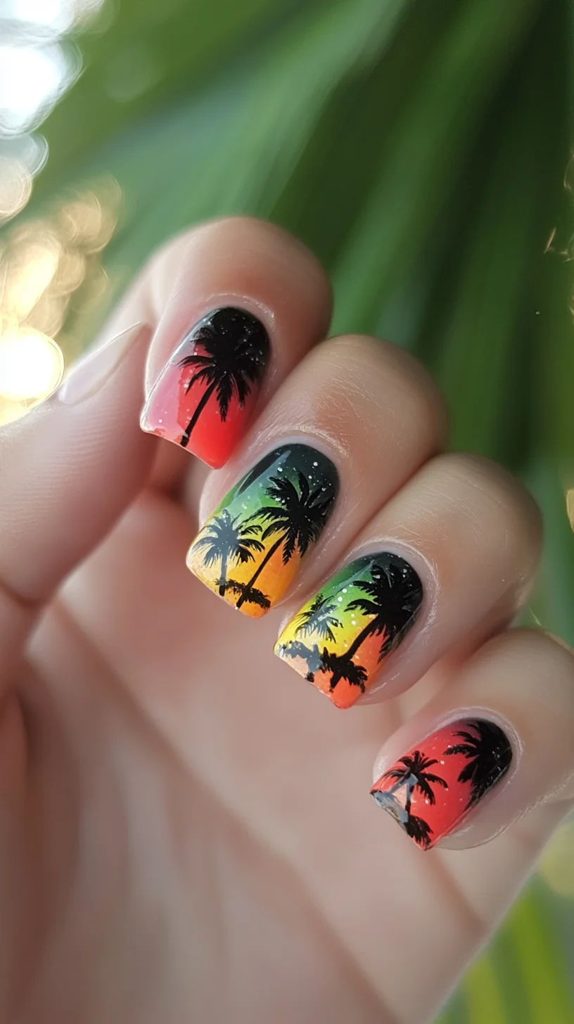 Vibrant Sunset Nail Art: Embrace Tropical Vibes with Palm Tree Elegance