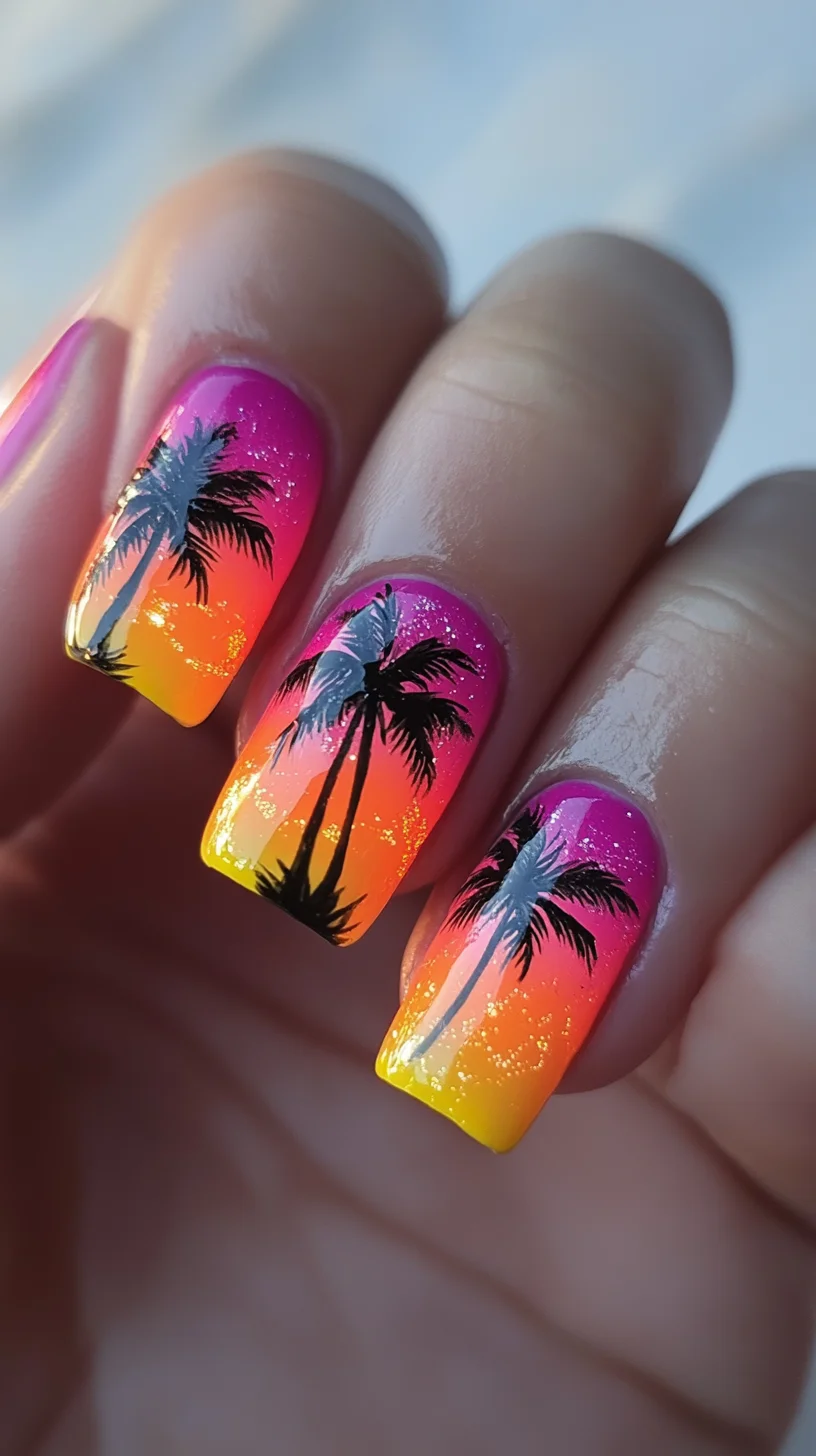 Vibrant Sunset Nails with Palm Tree Elegance