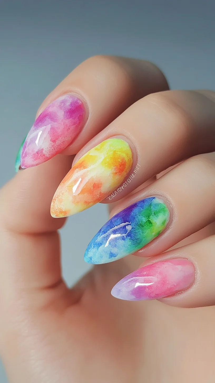 Vivid Rainbow Watercolor Nails: A Chic Expression of Colorful Elegance