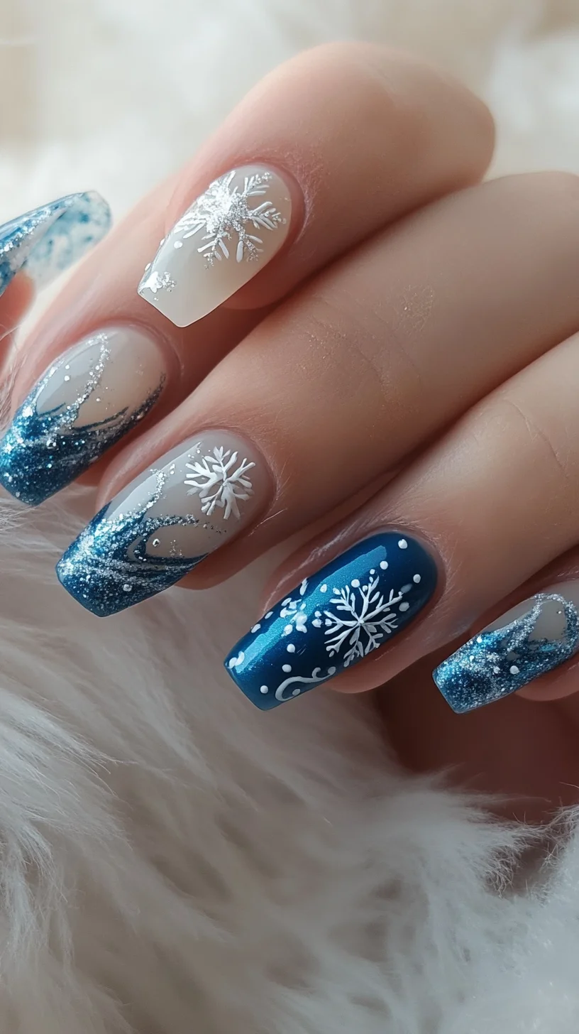 Winter Wonderland Nails: Sparkling Blue and Silver Snowflake Design